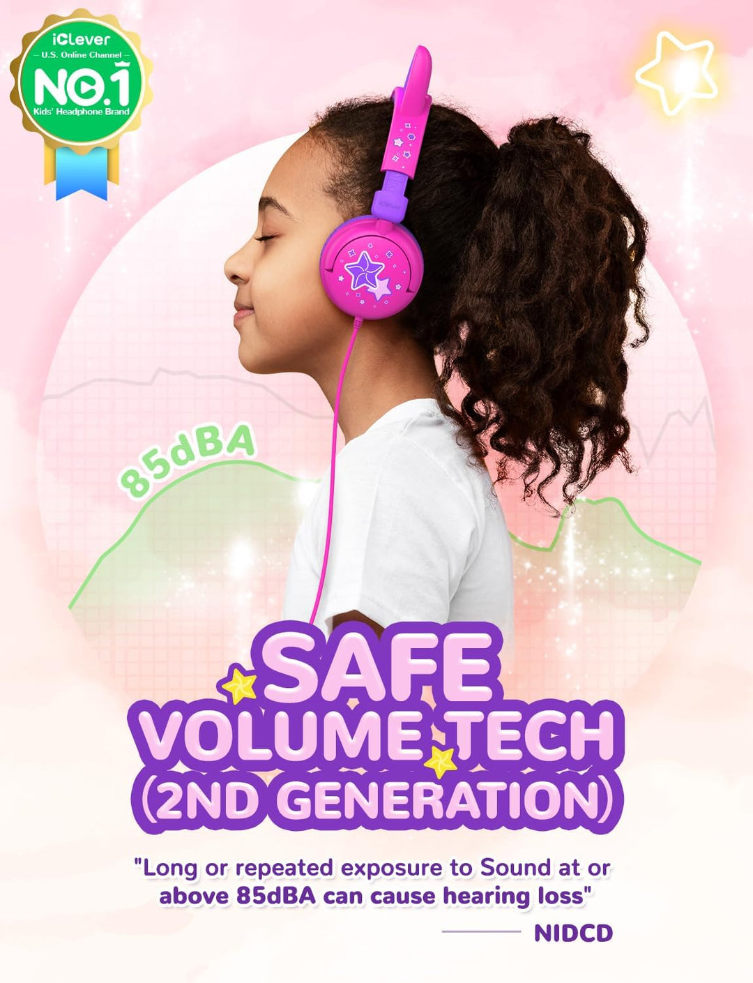 iClever Kinder Kopfhörer, LED Beleuchtetes Katzenohr, 85dBA Sichere Lautstärke, Stereo Sound, Faltba