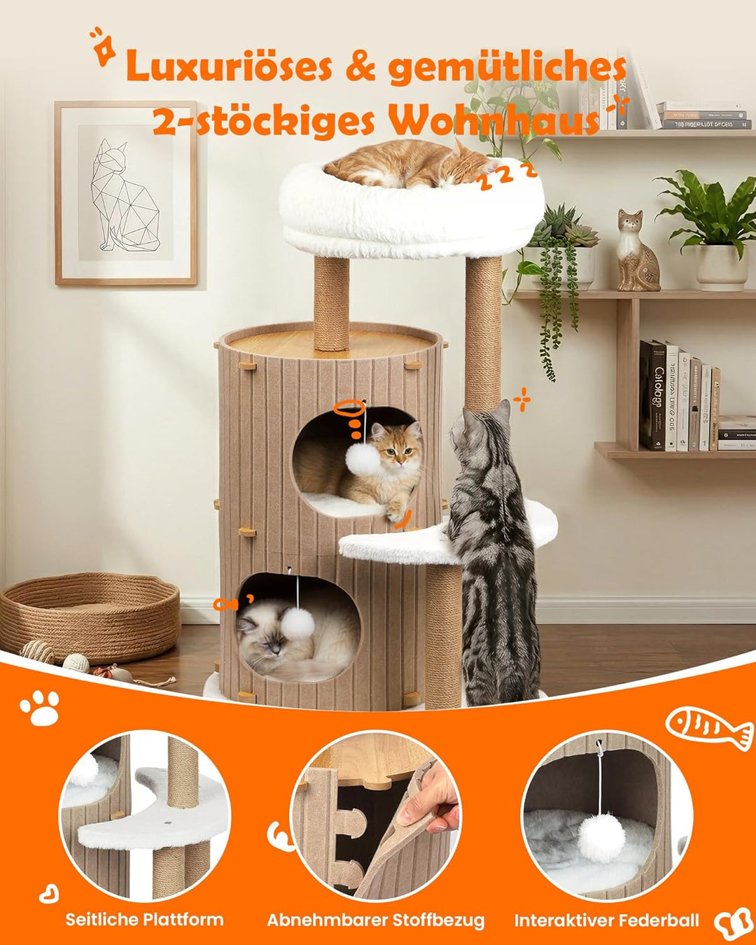 Luxus Kratzbaum mit 2-stöckiger Kratztonne | Katzenbaum mit Katzenschlafhaus, Sisalbrett,abnehmbarem