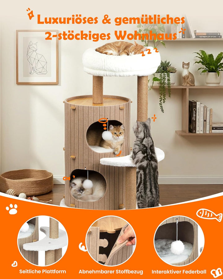 Luxus Kratzbaum mit 2-stöckiger Kratztonne | Katzenbaum mit Katzenschlafhaus, Sisalbrett,abnehmbarem