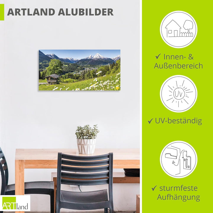 ARTland Wandbild Alu Verbundplatte für Innen & Outdoor Bild 60x30 cm Alpen Landschaft Berge Wald Geb