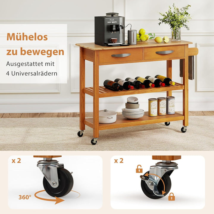 COSTWAY Küchenwagen Holz, Küchenschrank mit Rollen, Rollwagen mit Arbeitsplatte, 2 Schubladen, 2 off