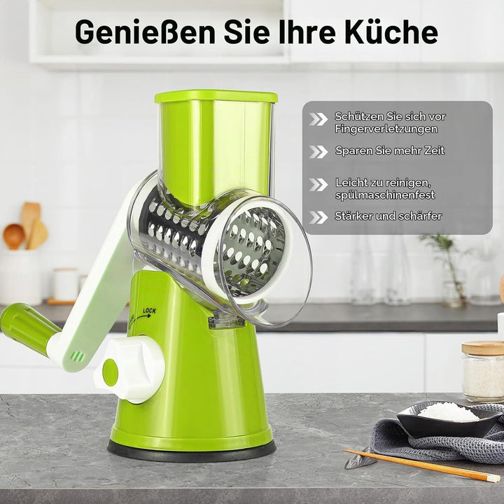 Dreamhigh Käsereibe mit Kurbel, Gemüseschneider 3 Edelstahl Austauschbaren Trommelklingen, Manuelle