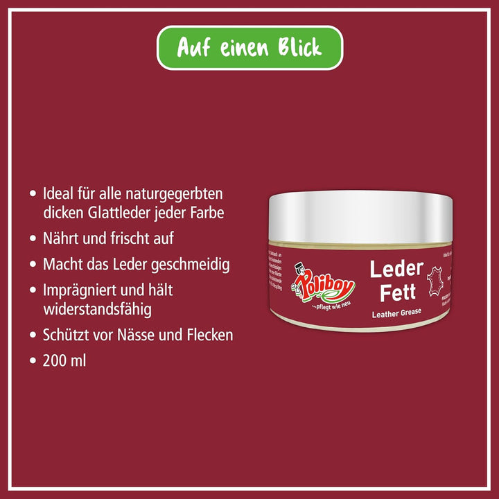 POLIBOY Leder Fett - Farbneutrale Lederpflege für naturgegerbte, dicke Glattleder - Nährt, schützt u