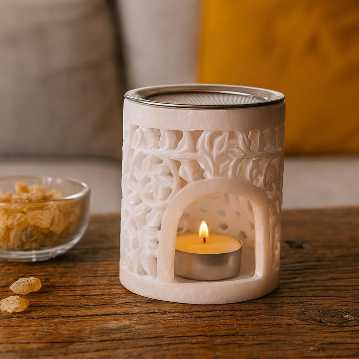 Bitto Weihrauchbrenner Windlicht LOTOS Alabaster Höhe 12 cm, Ø 9 cm mit Edelstahlsieb Ø 9 cm - Softs