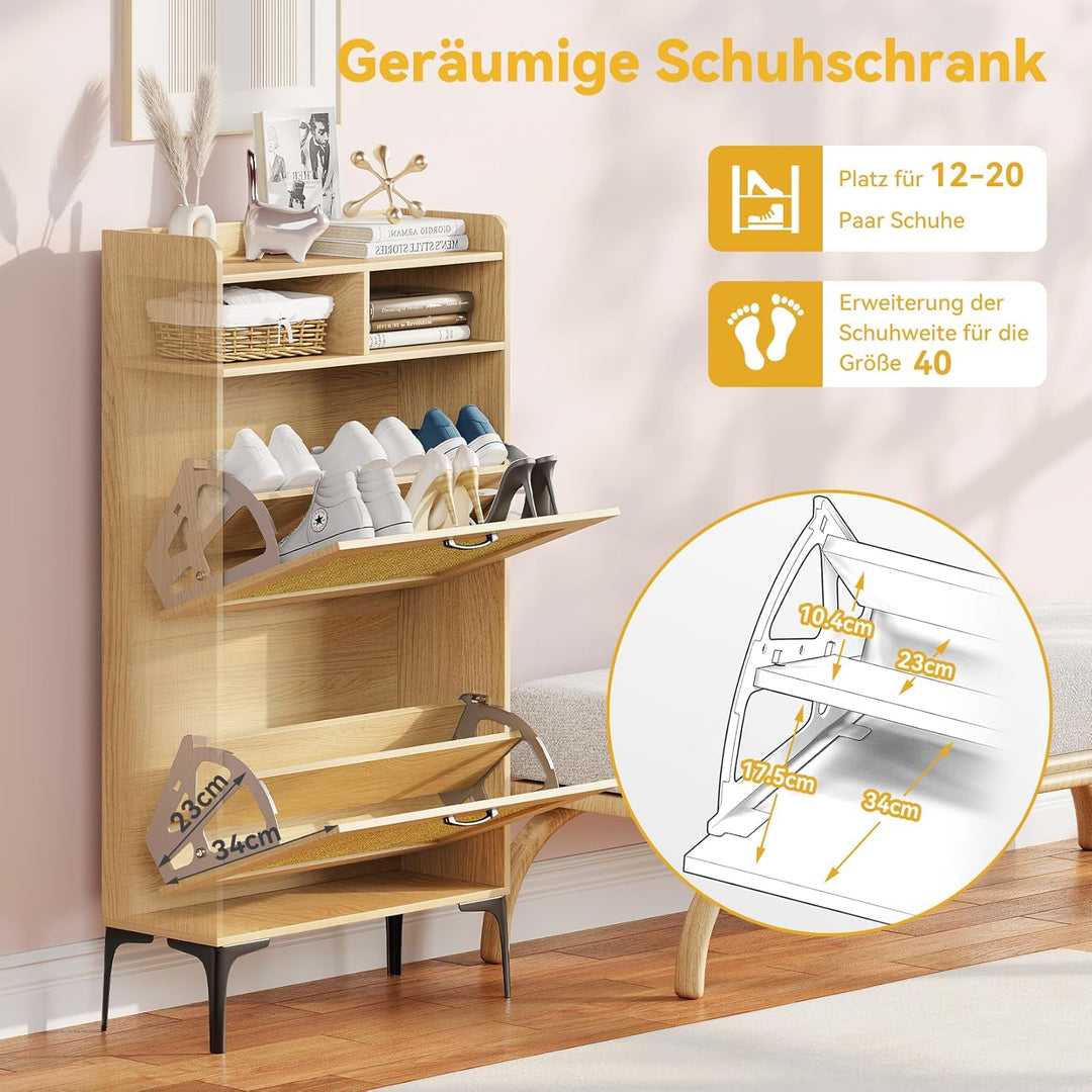 Dripex Schuhschrank schmal, Schuhkipper mit Rattan-Dekor, 2 Flip-Schubladen,Schuhregal schmal mit Me