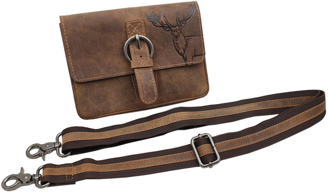 Echt Büffel-Vollleder Handtasche mit Tragegurt in Hoch- oder Querformat mit Hirsch-Motiv in Braun (M