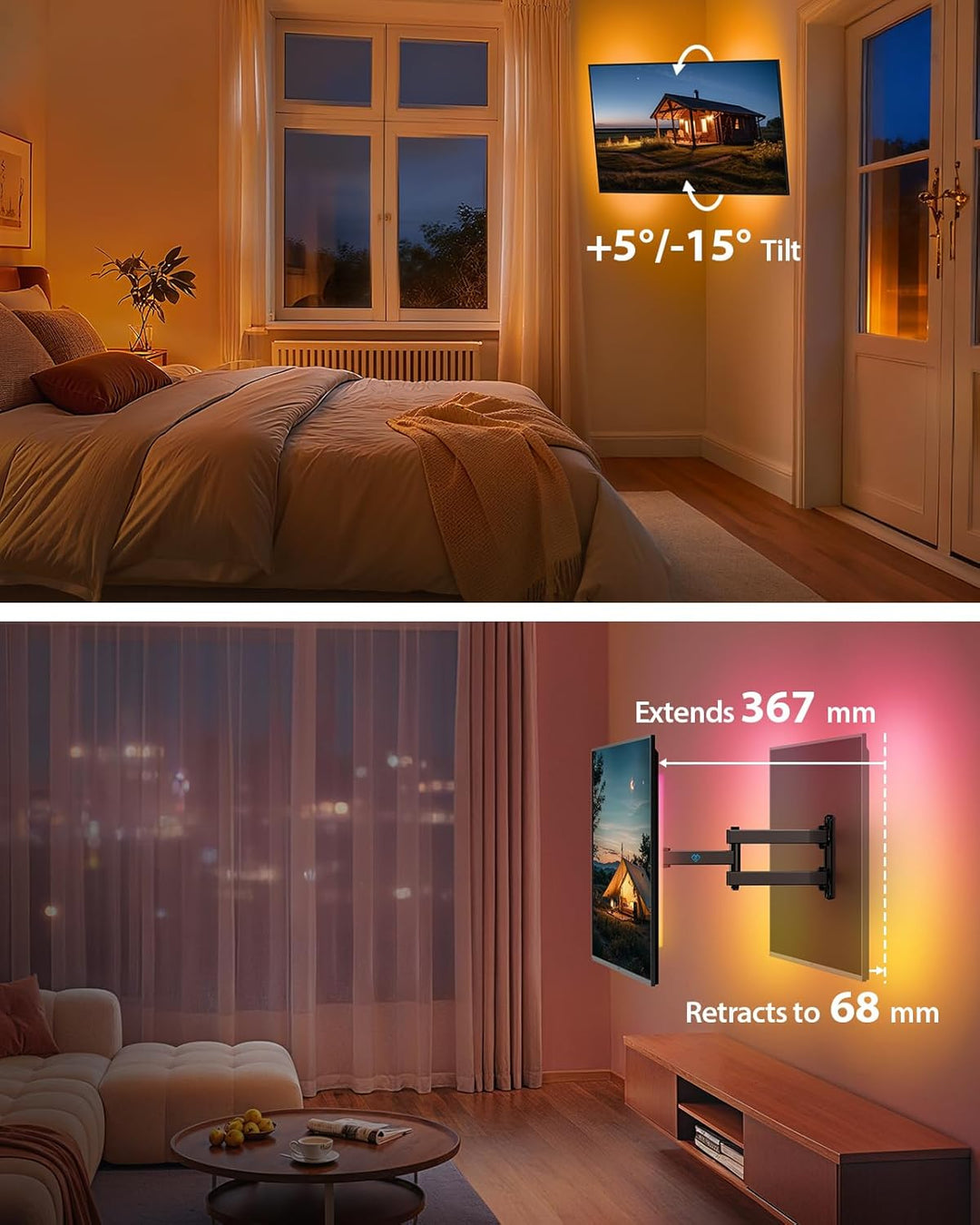 PERLESMITH Voll-bewegliche TV Wandhalterung mit LED-Licht für Echo Show 21/15, 12"-42" TVs, 20kg, VE