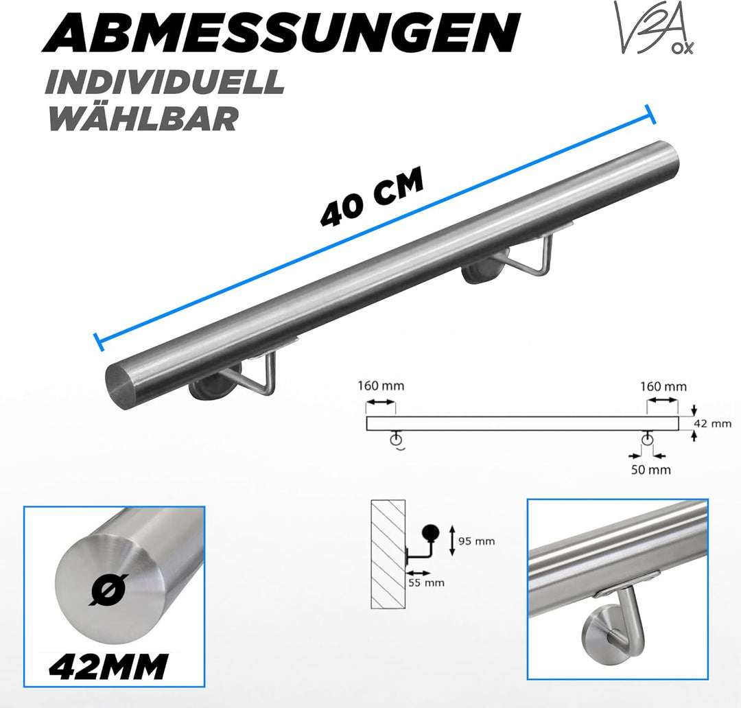 Edelstahl Handlauf Treppengeländer Geländer Wandhandlauf Wand Treppe 40-1000 cm V2Aox, Länge:40 cm,