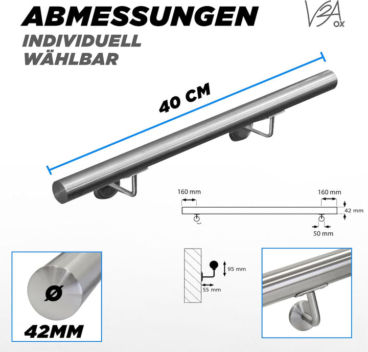Edelstahl Handlauf Treppengeländer Geländer Wandhandlauf Wand Treppe 40-1000 cm V2Aox, Länge:40 cm,
