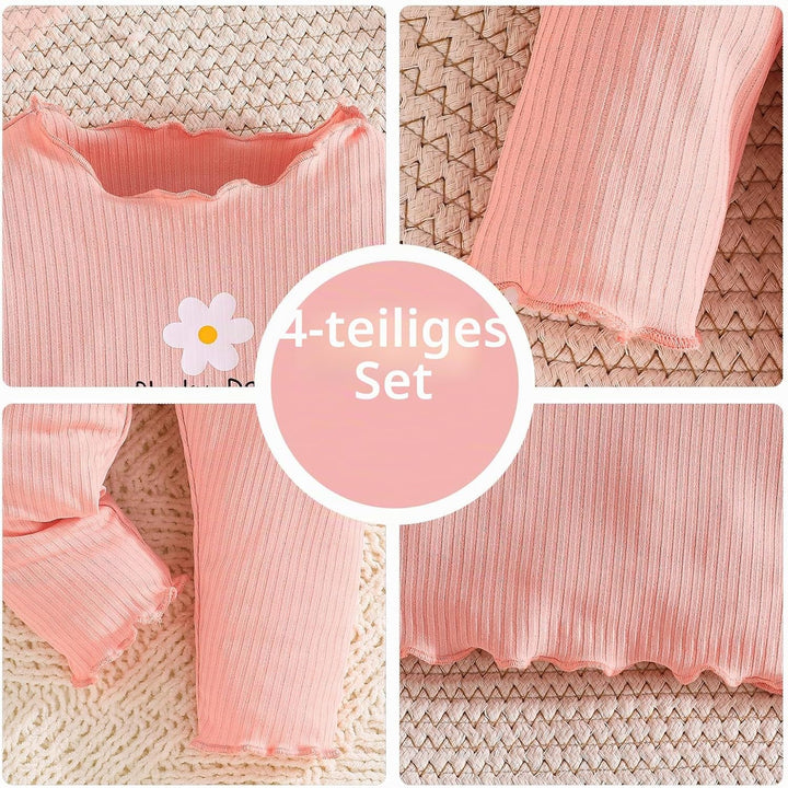 Kleinkind Baby Mädchen kleidung Set Rüschen Gerippte Kurzarm/Langarm T-Shirt Tops + Shorts Hosen 4Pc