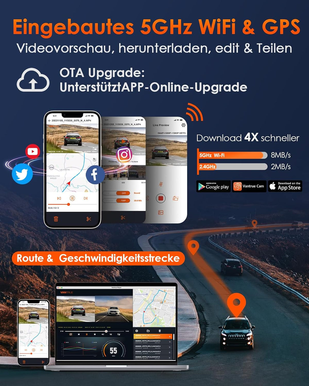 VANTRUE E3 3 Lens Dashcam 5GHz WiFi mit Sprachsteuerung , 1944P + dual 1080P Vorne Hinten Auto Kamer