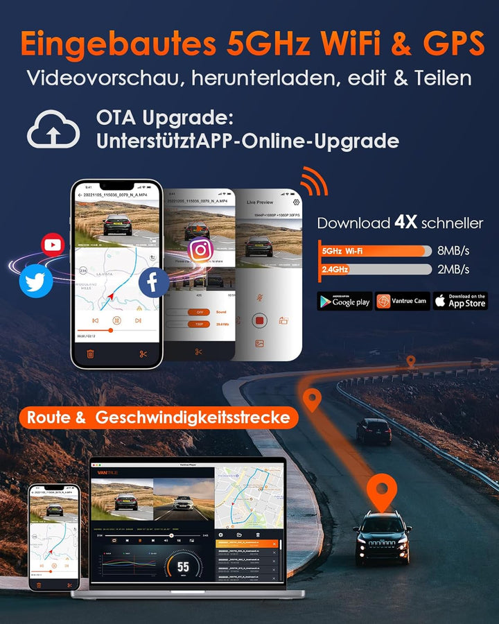 VANTRUE E3 3 Lens Dashcam 5GHz WiFi mit Sprachsteuerung , 1944P + dual 1080P Vorne Hinten Auto Kamer