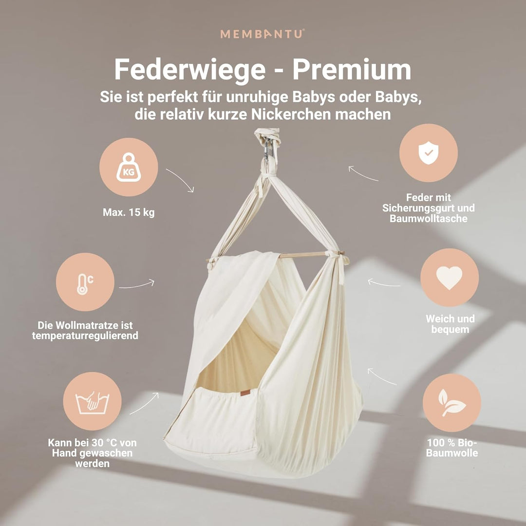Premium Federwiegenset – Federwiege Premium aus 100% Bio-Baumwolle mit Öko-Wollmatratze, Baldachin &