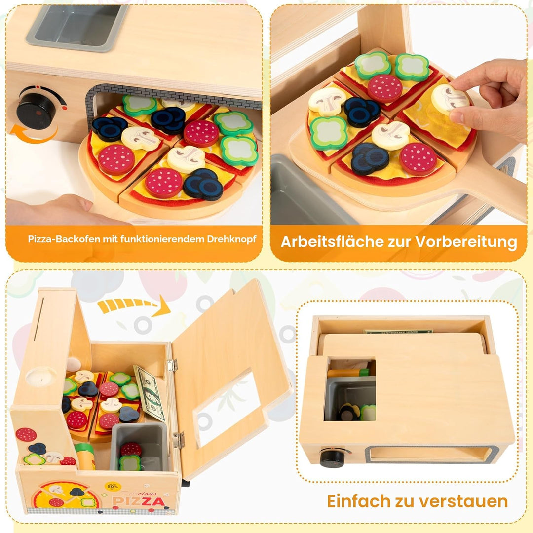 Pizza-Ofen Holzspielzeug ab 3 Jahre Kinder Montessori Spielzeug Kinderküche Zubehör mit Pizza, Pizza