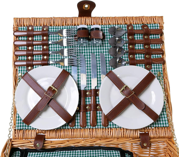 2 Handgefertigte Picknickkörbe für 4 Personen mit Kühlfach, Edelstahlbesteck, Porzellanteller, Weing