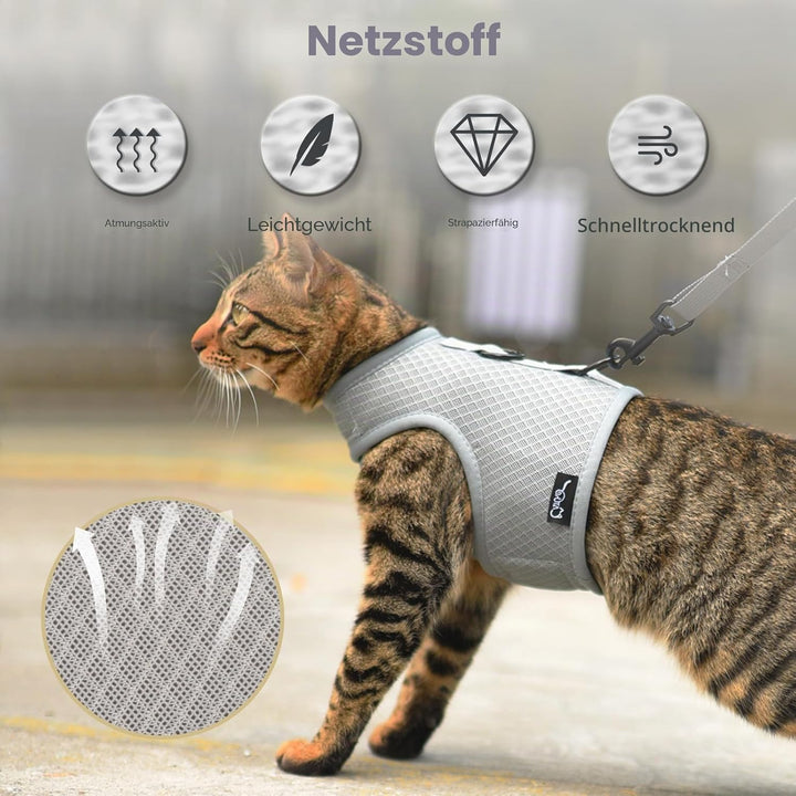 Katzengeschirr und Leine zum Spazierengehen, ausbruchsicher, atmungsaktives Netzgewebe, einfarbig, g