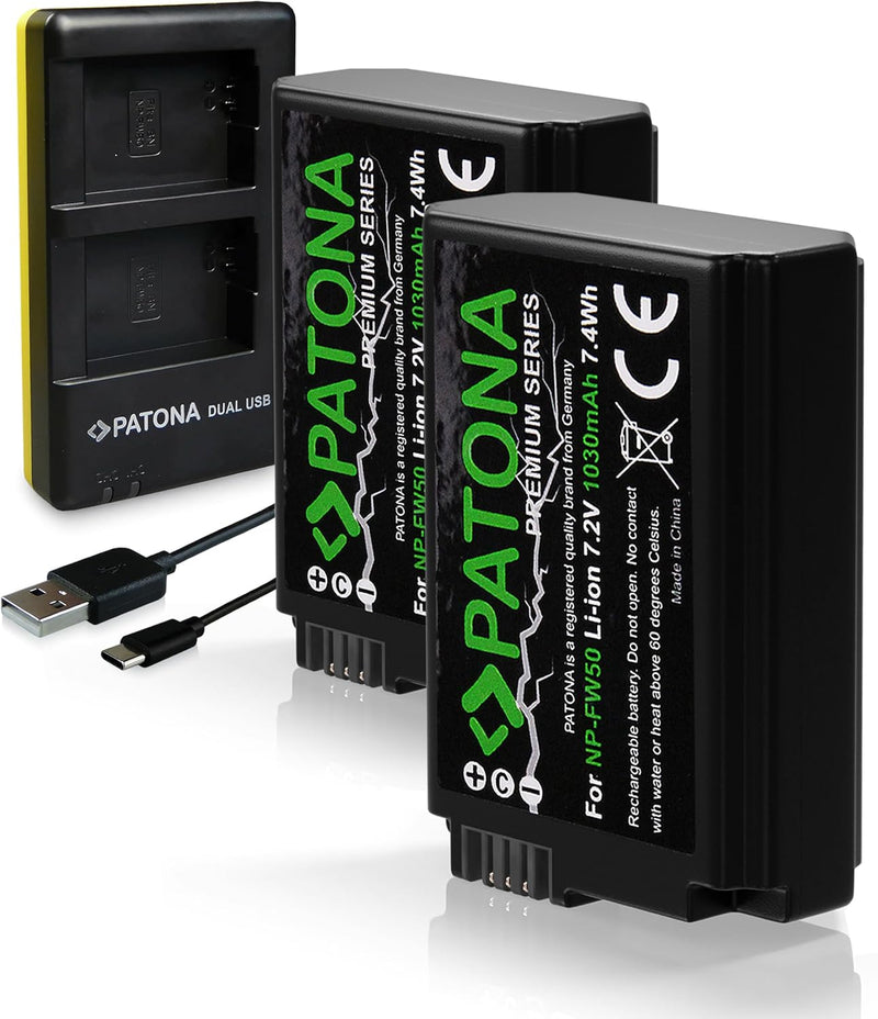 PATONA Premium NP-FW50 2X (1030mAh) - mit USB Dual Ladegerät 1964 - ZV-E10 - DSC RX10 - Alpha 6100 6