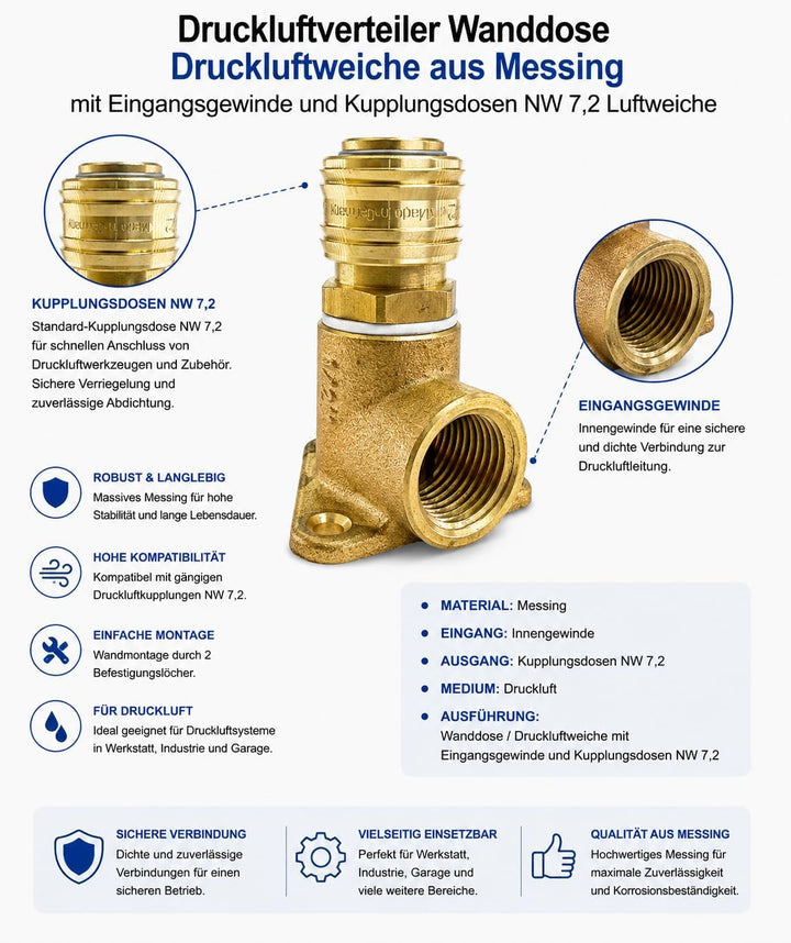 Druckluftverteiler Wanddose Druckluftweiche aus Messing mit 1/2" Eingangsgewinde und Kupplungsdosen