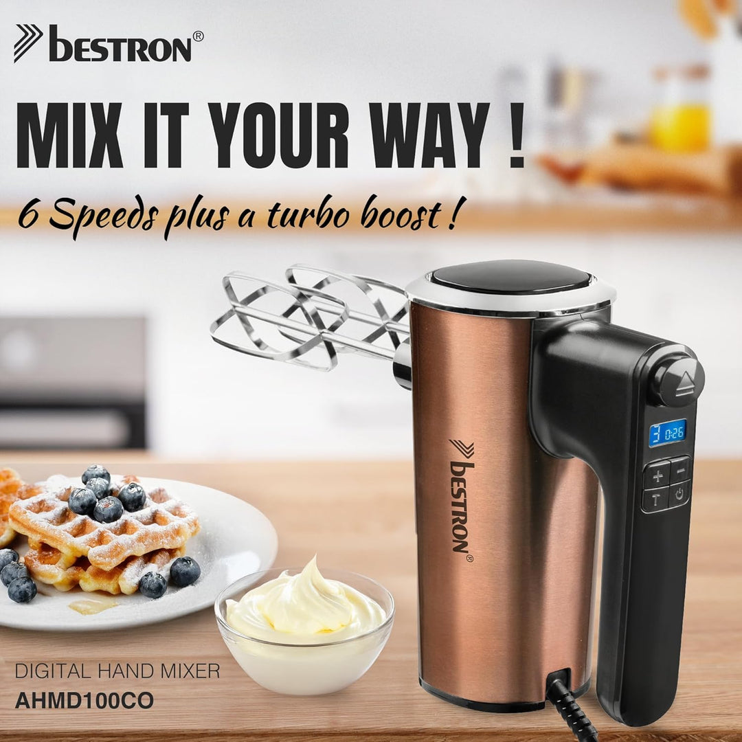 Bestron Power Handmixer, Leistungsstarker Handmixer mit 6 Stufen, Turbo-Funktion & LCD-Display, Rühr