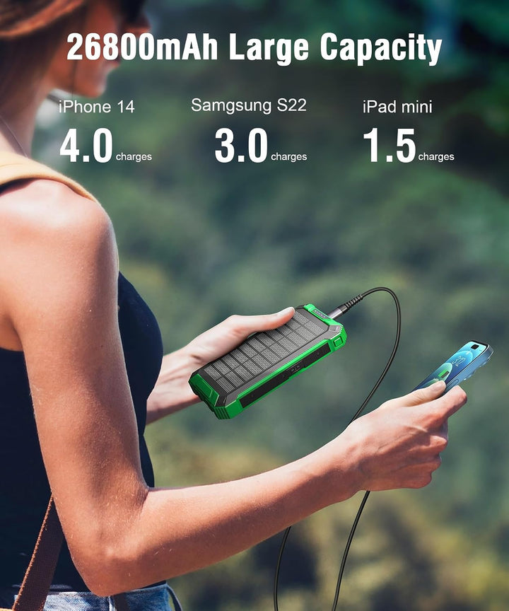 Solar Powerbank 26800mAh mit integrierten 4 Kabeln, Wireless Power Bank USB-C Ausgang/Eingang 15W Sc