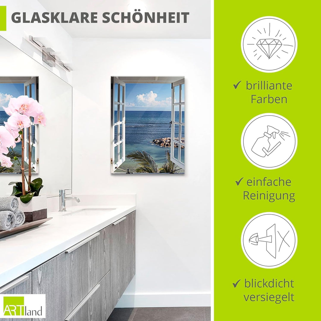 ARTland Glasbilder Wandbild Glas Bild einteilig 45x60 cm Hochformat Strand Meer Küste Palmen Ausblic