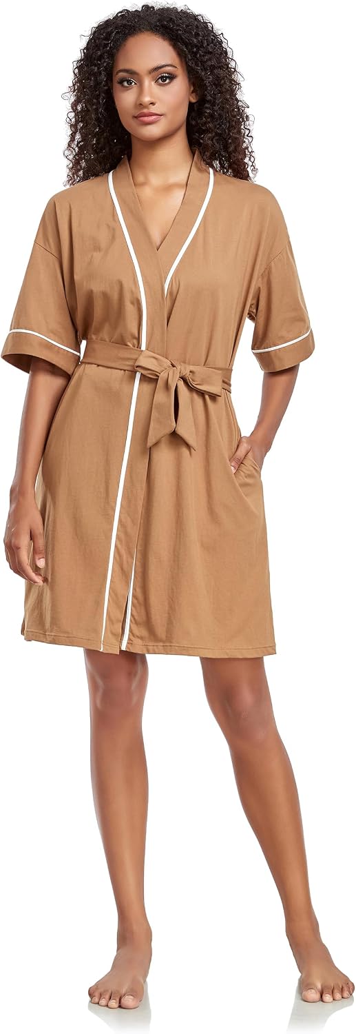 COLORFULLEAF 100% Baumwolle Bademantel Damen Kurz Morgenmantel Leicht Knielang Kimono Saunamantel Na