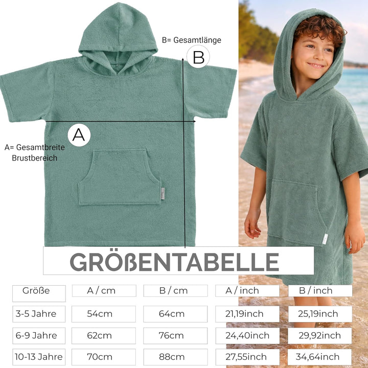 Frottee Badeponcho Kinder Jungen - Mädchen Surf Poncho 100% Baumwolle Strandponcho Handtuch mit Kapu