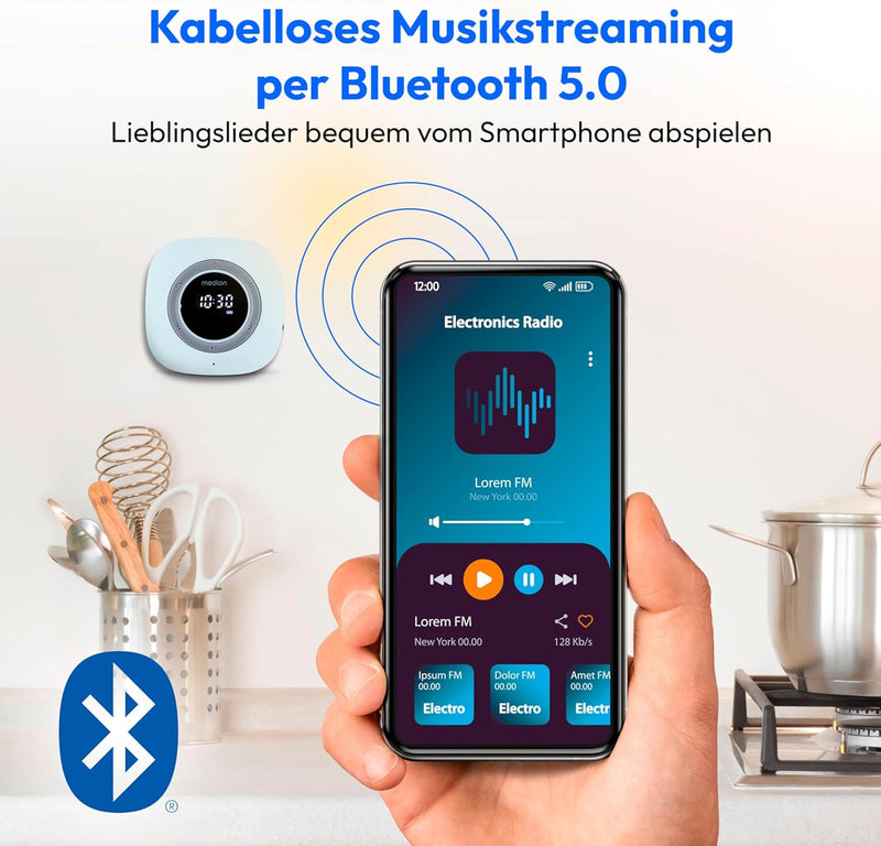 MEDION P66096 Duschradio mit Bluetooth (Badradio, UKW Radio, Saugnapf, LED-Display, IPX6 Wasserdicht