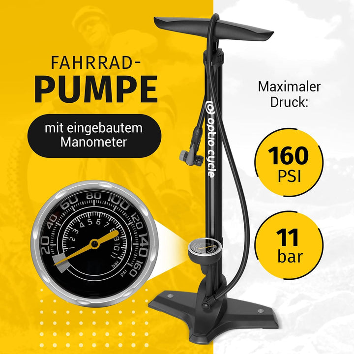 Optio Cycle Fahrradpumpe für alle Ventile Luftpumpe für Fahrrad Standpumpe mit Grossem Manometer bis