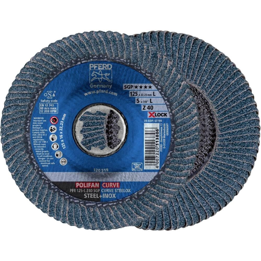 PFERD Fächerscheibe POLIFAN CURVE, 10 Stück, 125mmx14mm, Z40, X-LOCK (22,23 mm), SGP STEELOX, 676890