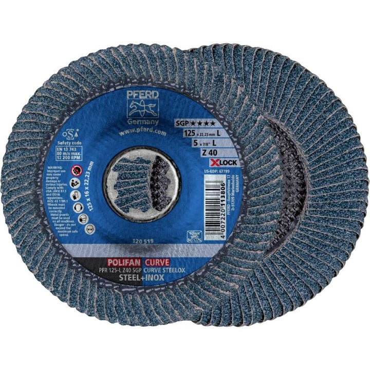 PFERD Fächerscheibe POLIFAN CURVE, 10 Stück, 125mmx14mm, Z40, X-LOCK (22,23 mm), SGP STEELOX, 676890
