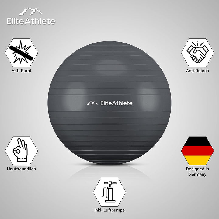 EliteAthlete Gymnastikball Sitzball Büro ergonomisch mit Anti Burst System - Fitness Pilates Schwang