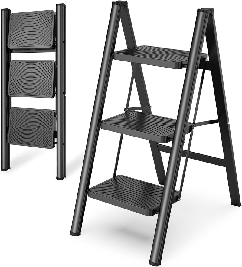 HBTower Trittleiter 3 Stufen Klappbar, Leiter 3 Stufen,stufenleiter,Leiter mit breitem Anti-Rutsch-P