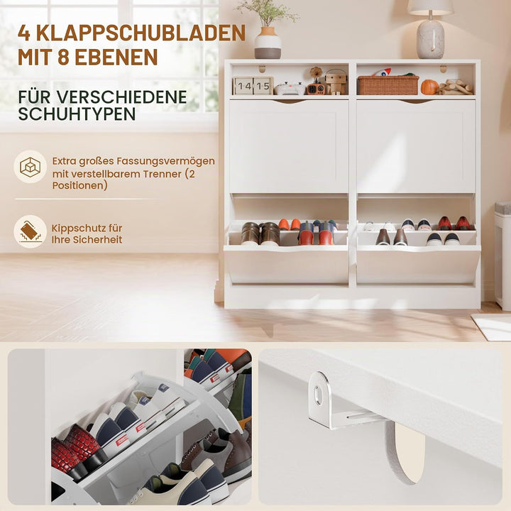 ELUCHANG Schuhschrank schmal mit 4 Klappen / 8 Ablagen, Platzsparender Schuhkipper Schuhkommode, Ges