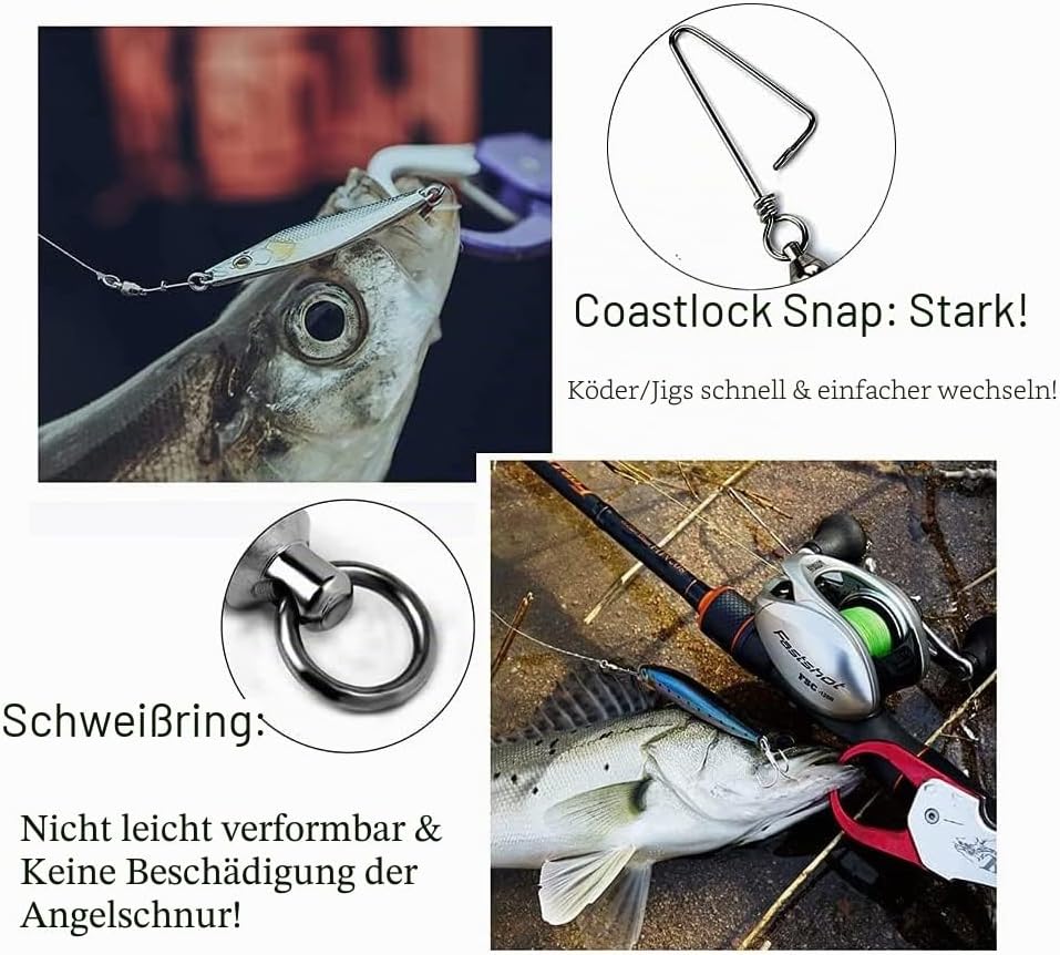 9Tong Kugellager Wirbel mit Coastlock Snap, Edelstahl geschweisster Ring für Angeln Salzwasser Stand