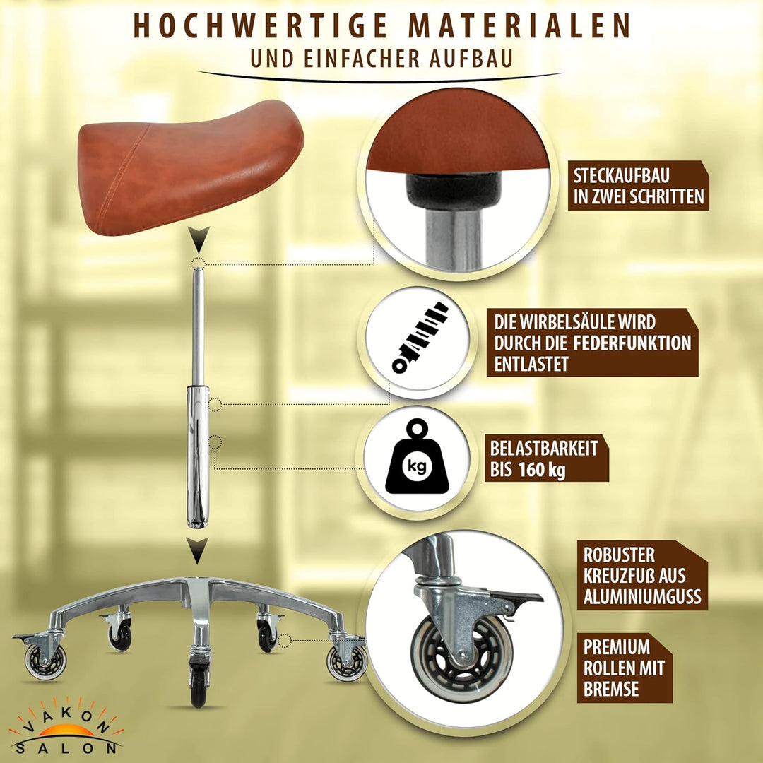 Premium Sattelhocker Hellbraun mit Bremse, Sattelstuhl für Rückenentlastung, Rollhocker höhenverstel