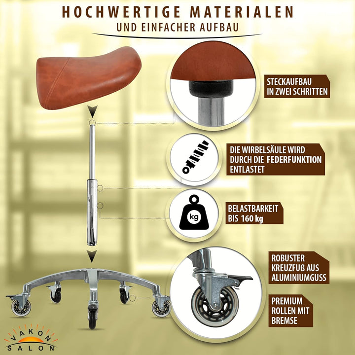 Premium Sattelhocker Hellbraun mit Bremse, Sattelstuhl für Rückenentlastung, Rollhocker höhenverstel
