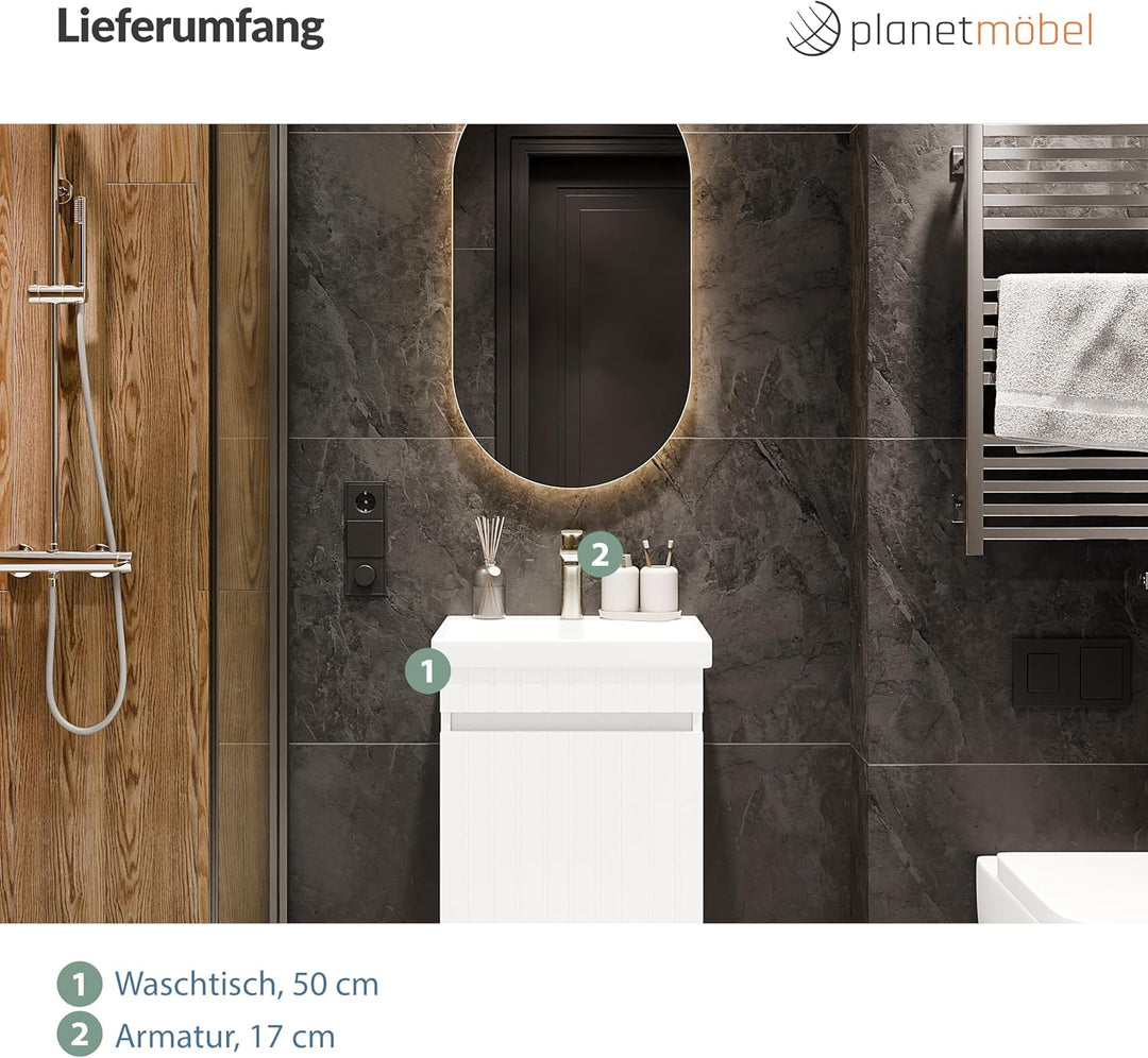 Planetmöbel Cosmia Badmöbel Set Waschbecken mit Unterschrank 50 x 60 x 35 cm Weiss, Armatur Badezimm
