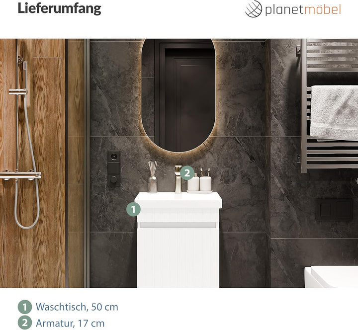 Planetmöbel Cosmia Badmöbel Set Waschbecken mit Unterschrank 50 x 60 x 35 cm Weiss, Armatur Badezimm