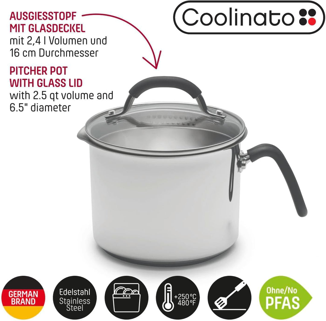 Coolinato - Milchtopf mit Ausgiesser und Glasdeckel I 16 cm, 2,4 Liter I Edelstahl Universaltopf für