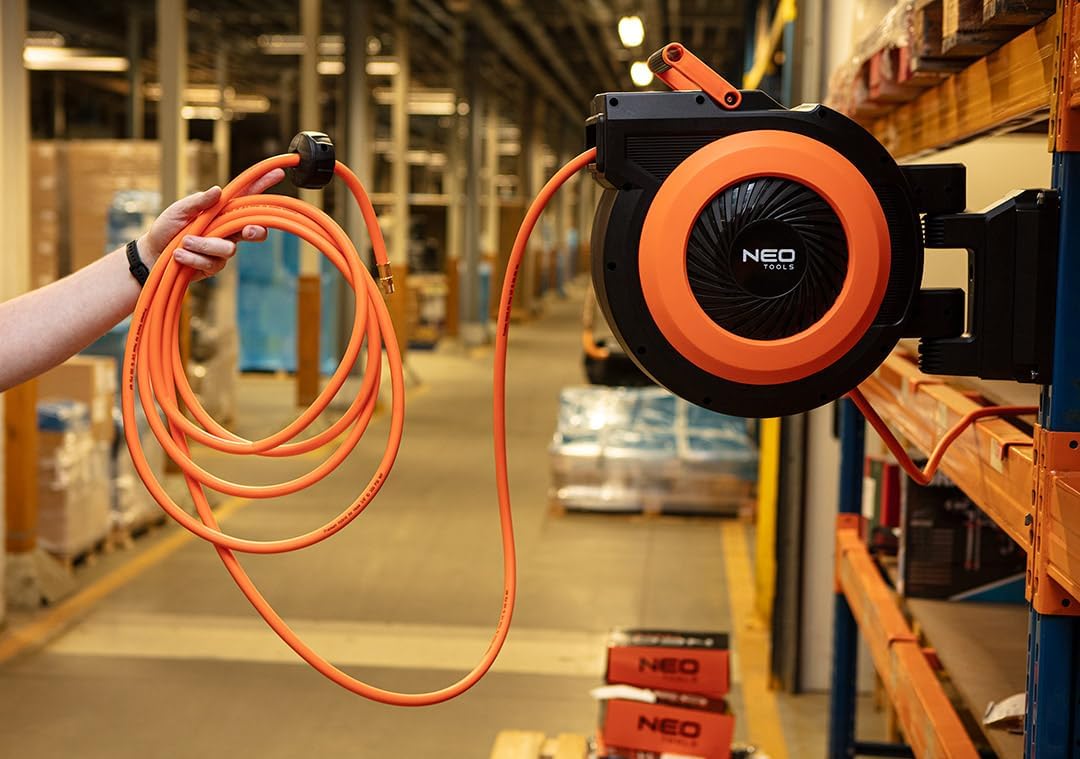 NEO TOOLS Automatik Schlauchtrommel Schlauchlänge 15m (20 Bar max. Arbeitsdruck) | Druckluftschlauch