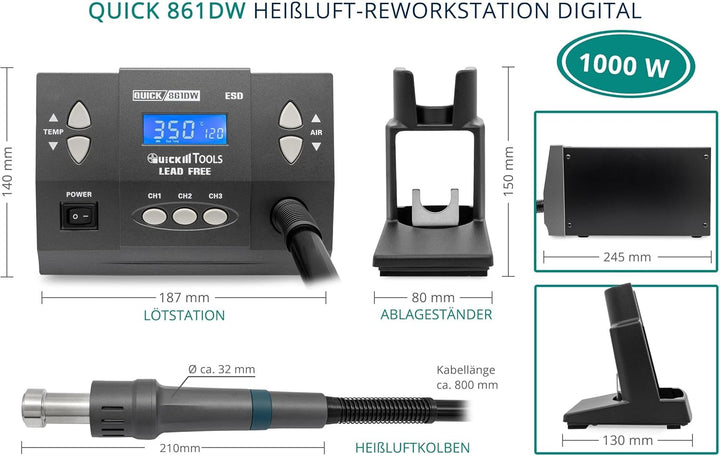 QUICK QU861DW+ Profi Heissluft Lötstation Set digital regelbar - 1000 Watt/ Temperaturbereich 100 -