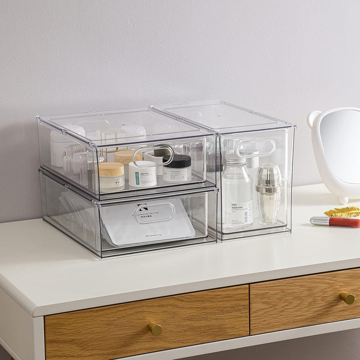 MineSign Stapelbare Kühlschrank-Schubladen-Ausziehbehälter mit Griffen, 3 Stück, gross, transparent,