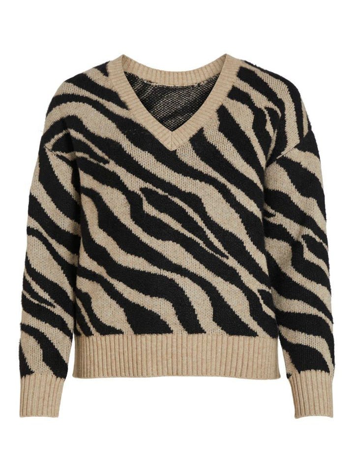 Vila Damen Viril Feami Mix V-Neck L/S Knit Top-noos Pullover XL Natural Melange/Pattern:with Black,