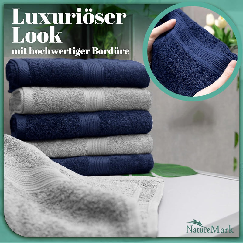 NatureMark NM-HT0842 Frottier Handtücher, 8-er Pack, 50 x 100 cm, 100% Baumwolle (Navy/Silber), Navy