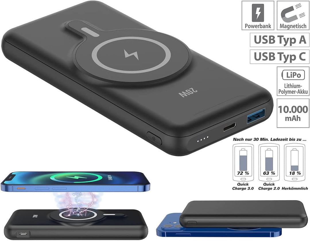 revolt Wireless Powerbank: Magnetische Powerbank 10.000 mAh, für Qi &amp; MagSafe, PD, QC, 20W (Magnetis