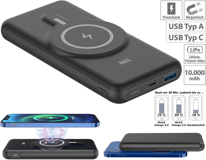 revolt Wireless Powerbank: Magnetische Powerbank 10.000 mAh, für Qi &amp; MagSafe, PD, QC, 20W (Magnetis