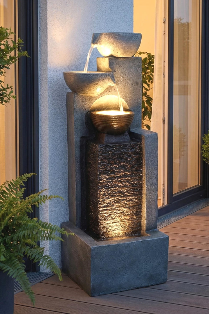 Grosser Gartenbrunnen mit LED Beleuchtung Springbrunnen Kaskade Wasserspiel Gartendekoration