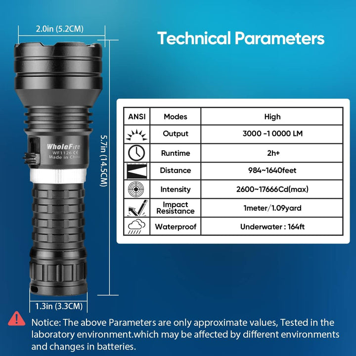 WholeFire Tauchlampe LED Extrem Hell 10000 Lumens, IPX8 Wasserdicht 50M Unterwasser Taschenlampe, XH