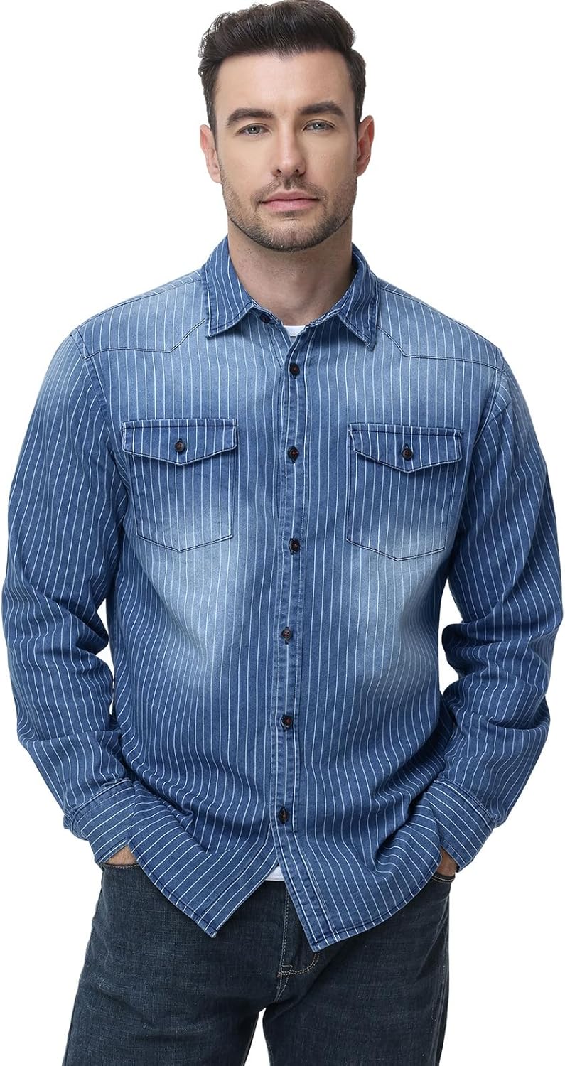 HOTIAN Herren Hemden, Herren Denim Shirt Langarmhemd,Freizeithemd Regular Businesshemd,Slim-Fit-Herr